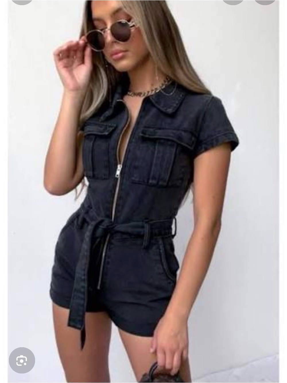White Fox Boutique Black Short Sleeve Zip Front Utility Romper NWT Size Small